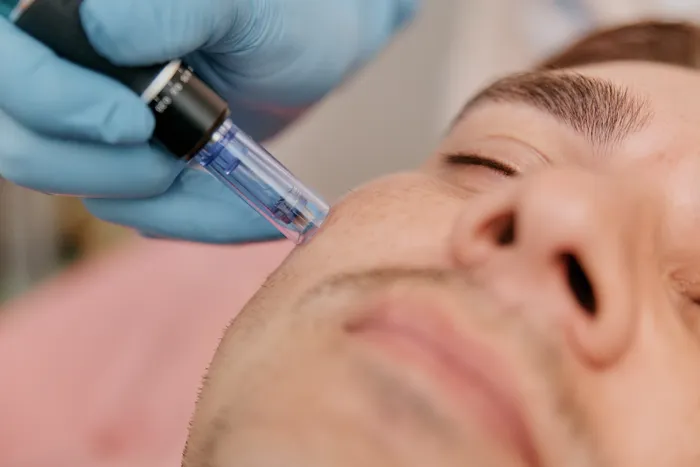 A gloved clinician guiding a microneedling pen across a patient's cheek at Avinity Health Scottsdale