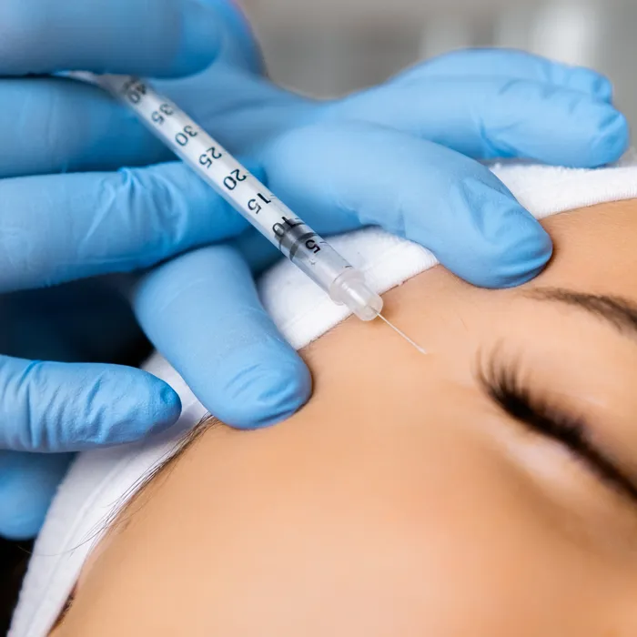 Close-up forehead Botox injection during a treatment assessment at Avinity Health