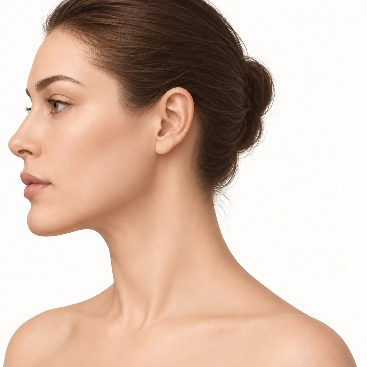 A jawline and neck in profile, where the Nefertiti Lift relaxes the platysma bands that pull the jawline down