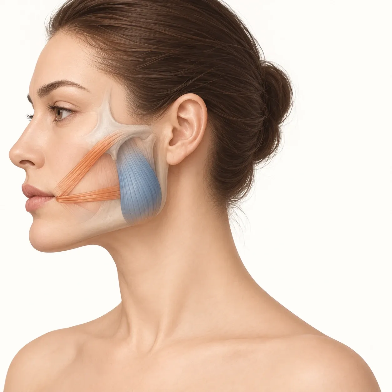 Side profile showing the masseter muscle at the angle of the jaw, highlighted, with the nearby smile muscles
