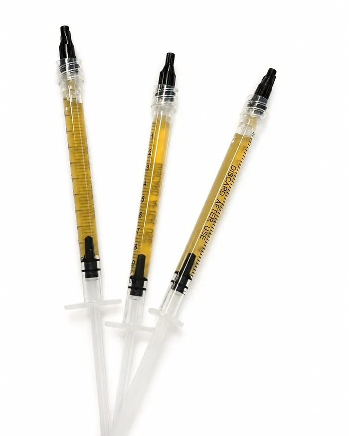 Three syringes of prepared golden plasma gel, a natural filler made from the patient's own blood, ready for under-eye placement at Avinity Health Scottsdale