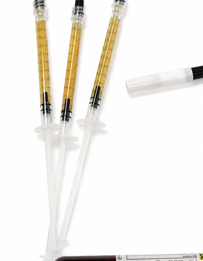 Prepared plasma gel syringes beside the patient's own drawn blood tube at Avinity Health Scottsdale