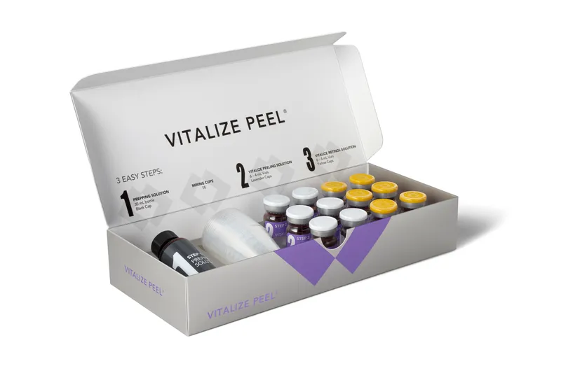 SkinMedica Vitalize Peel professional treatment kit, open, showing its prepping, peeling and retinol solutions