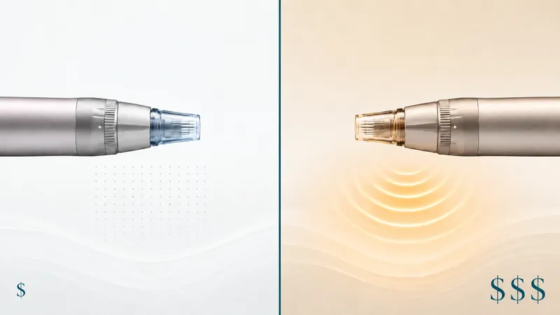Side by side comparison of a traditional microneedling pen and an RF microneedling device emitting heat energy, showing the higher cost of RF treatment.