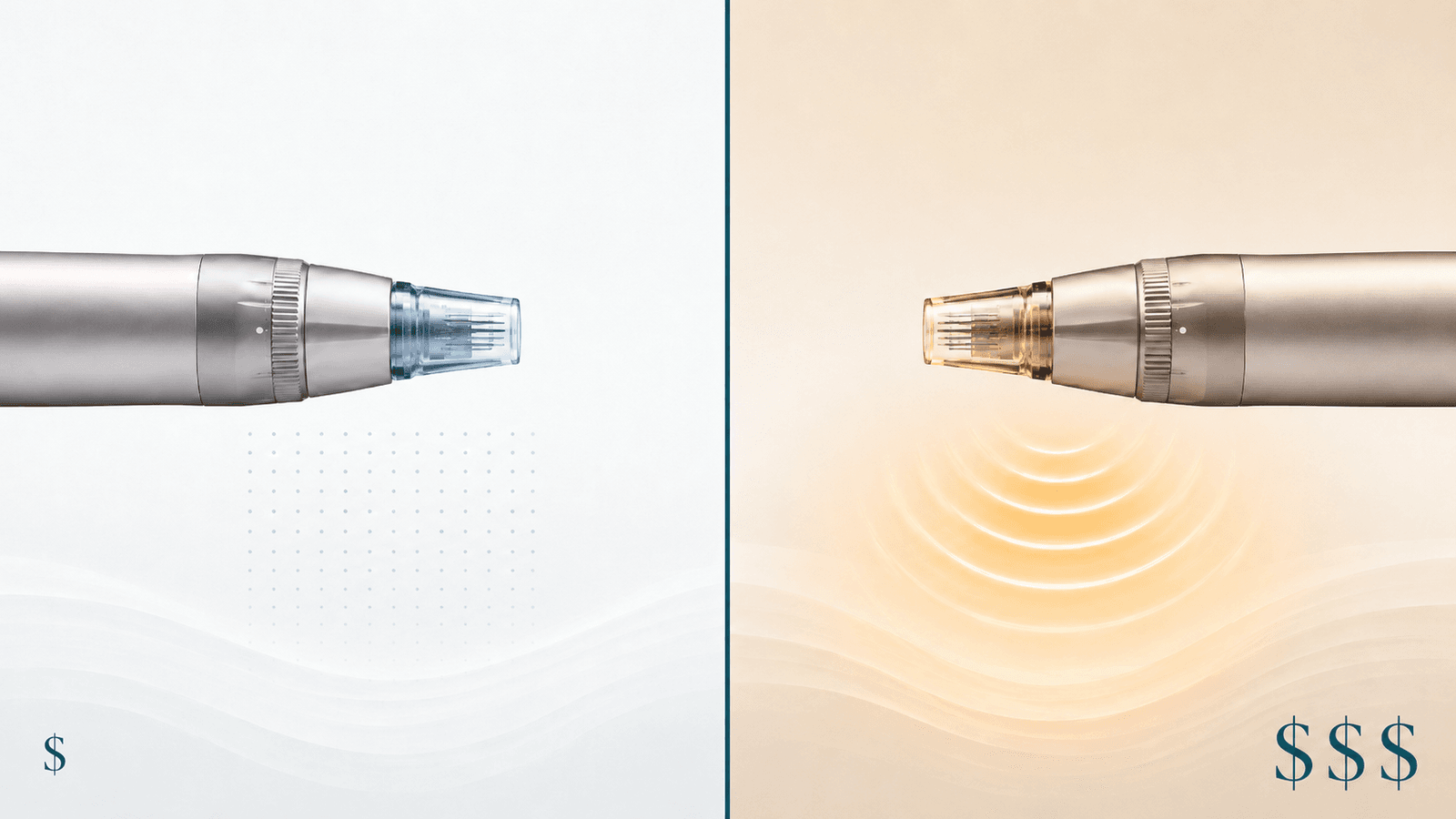 Side by side comparison of a traditional microneedling pen and an RF microneedling device emitting heat energy, showing the higher cost of RF treatment.