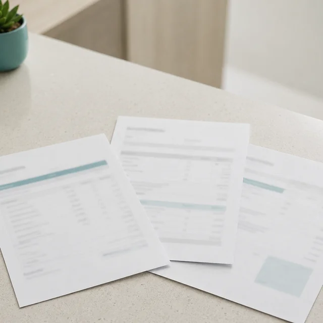 Three separate printed treatment estimates fanned out on a clinic counter, each with a different layout.