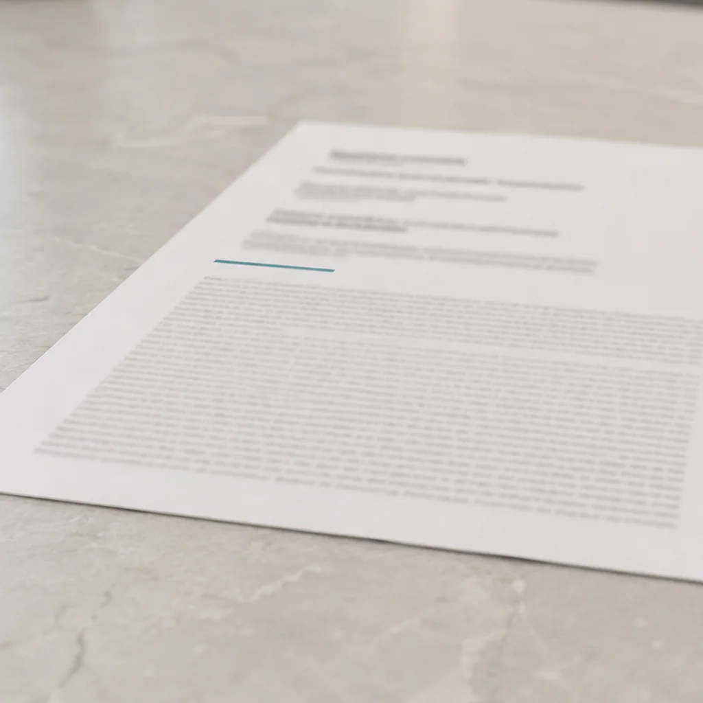 A printed pricing agreement on a clinic counter, with a dense block of fine print filling most of the page.
