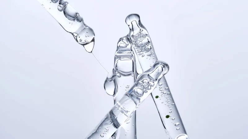 Clear serum droplet falling from a glass pipette above crossed glass applicators, representing precise injectable dosing.
