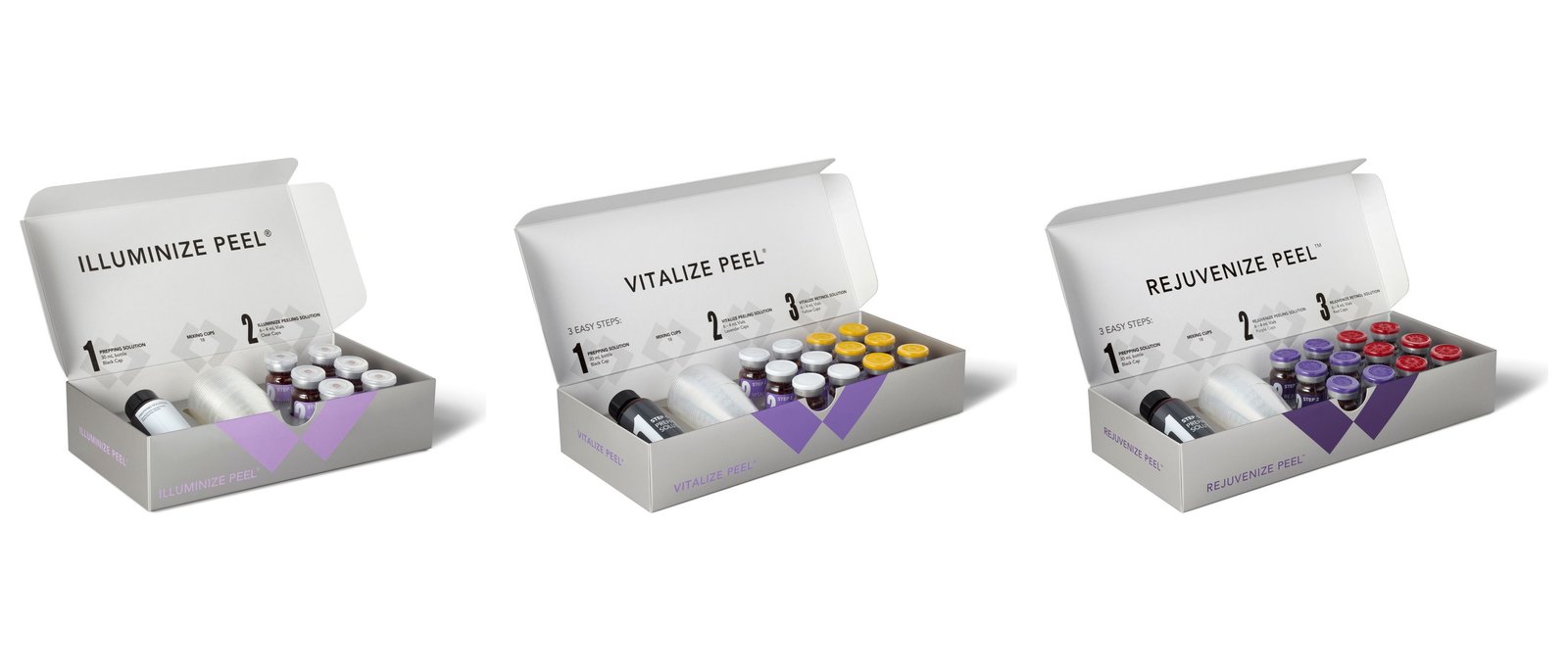 SkinMedica Illuminize, Vitalize and Rejuvenize professional chemical peel kits side by side